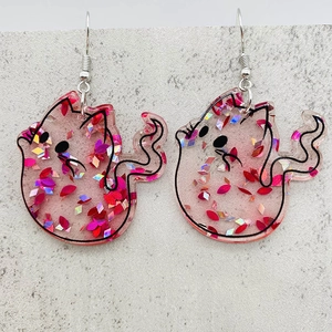 Pink glittery cat shaped acrylic drop earrings with silver hooks for Christmas gifts