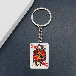 Detailed view of Queen of Hearts poker card keychain charm with polished resin finish