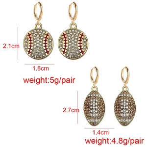 Sparkling rhinestone baseball and football drop earrings with dimensions and weight specs