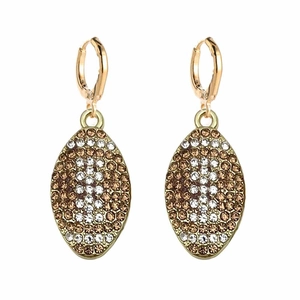 Detailed view of crystal-encrusted rugby ball earrings with gold-plated hooks