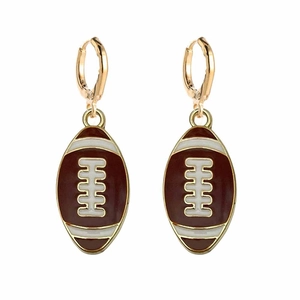 Detail view of American football drop earrings with brown enamel and gold plating