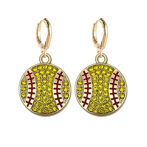 Macro detail of gold baseball hoop earrings with yellow rhinestones and red stitching
