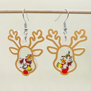 Detail of reindeer shaker earrings with festive beads and miniature holiday charms inside