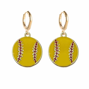 Golden softball dangle earrings with yellow enamel finish and red stitch patterns