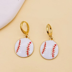 Creative enamel baseball hoop earrings with red stitching details and gold hardware