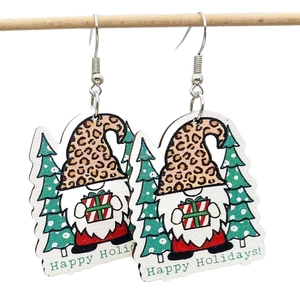Orecchini natalizi in legno con gnomi, cappelli leopardati e scritte festive di auguri