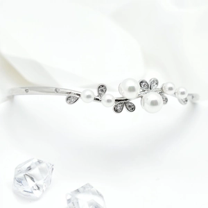 Silver flower vine open cuff bracelet featuring white pearls and micro-inlaid zircons