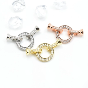 Sparkling zircon paved round jewelry connector clasps in gold, silver and rose gold finishes