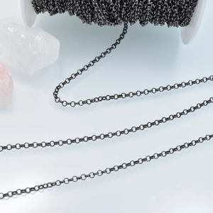 Polished black metal O-link chain roll for DIY jewelry making with fine ring structure