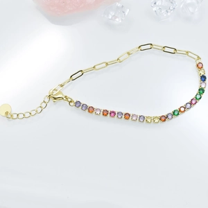 3mm 18k gold plated copper bracelet with colorful gradient zircons and link chain