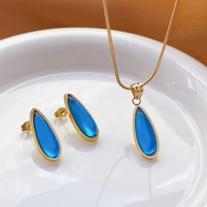 Elegant Stainless Steel Teardrop Blue Organic Glass Pendant Necklace Gold Plated Water Drop Stud Earrings For Women Jewelry