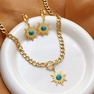 Vintage Edelstahl Sonnenblume Schmuckset Für Damen Vergoldet Synthetischer Türkis Anhänger Panzerkette Halskette Ohrstecker