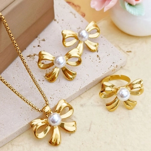 Bowknot Artificial Pearl Necklace And Earrings Stainless Steel Titanium Gold Plated Elegant Jewelry For Women