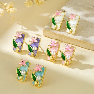 French vintage floral enamel earrings with pearls in four elegant pastel colors