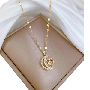 Elegant gold moon and heart pendant necklace with zircon inlay for women in jewelry box
