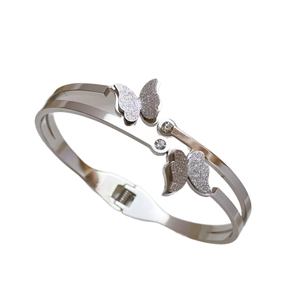 Silver frosted double butterfly titanium steel open bangle with sparkling cubic zirconia