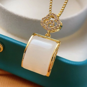 Exquisite Copper Alloy Necklace For Women With White Jade Look Pendant And Zirconia Inlaid Box Chain Fashion Jewelry