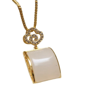 Elegant gold necklace with Ruyi pattern pendant and white jade stone for women