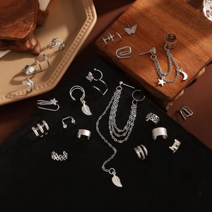 Set of 22 pieces silver multi-layer hollow C-shaped ear cuffs and earrings with zircon