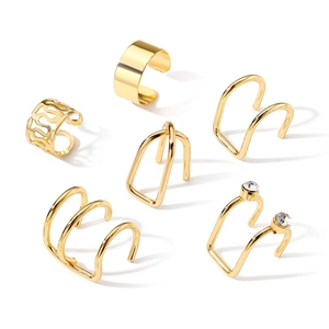 Minimalist 6-piece gold ear cuff set with multi-layer hollow designs and zircon accents
