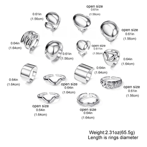 Set of 12 silver irregular lava rings with open adjustable size and smooth finish