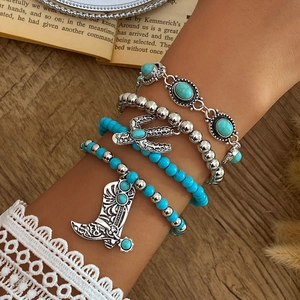 Bracelet de Perles Turquoise en Alliage de Style Bohême Pendentif Cactus Botte de Cowboy Bijoux Western Vintage Femme Homme