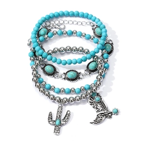 Ensemble de bracelets bohèmes en perles turquoise avec breloques cactus et botte