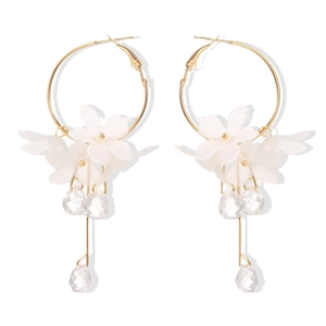 Elegant gold hoop earrings featuring white resin petals and clear crystal tassels on white base
