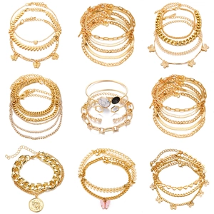 Set Cavigliere Bracciali Multistrato in Lega Oro Argento Donna Pendente Farfalla Cuore Moneta Gioielli Moda per Spiaggia Festa