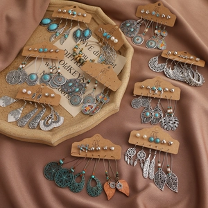 Böhmisch Vintage Legierung Ohrring Set Ethnisch Geometrisch Türkis Strass Künstliche Perle Feder Blatt Ohrringe Damen