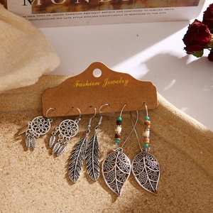6-teiliges Bohemian Ohrring-Set mit Traumfänger, Feder und Blatt-Anhängern in Silber