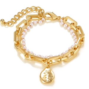 Double-layer gold chain bracelet with pearls and hammered round pendant for women