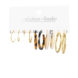 6-pair vintage gold alloy earring set featuring hoops, pearls, and tortoiseshell patterns