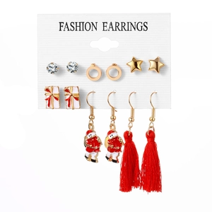 Set di 6 orecchini natalizi con Babbo Natale, pacchi regalo, stelle e nappe rosse