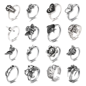 Vintage Alloy Punk Rings For Men Women Gothic Silver Color Adjustable Open Ring Skull Butterfly Heart Dagger Mushroom Fairy Poker Jewelry Gift