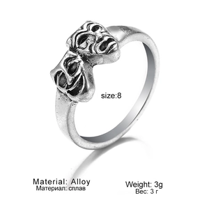 Detail view of vintage alloy theater mask ring size 8 with antique silver punk finish