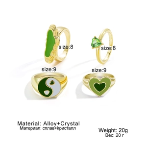 Detailansicht des 4-teiligen Goldring-Sets mit Herz-, Tai-Chi- und Grünsteinmotiven