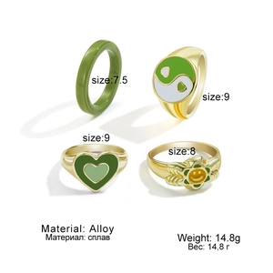 Detaillierte Nahaufnahme des 4-teiligen Ring-Sets in Grün und Gold mit Größenangaben