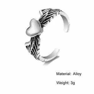 Vintage silver heart ring with wings, adjustable open punk style alloy jewelry for women