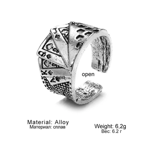 Retro poker card pattern open ring in silver alloy with a distressed punk style finish