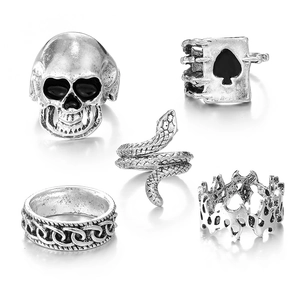 Set de 5 bagues gothiques punk vintage avec motifs tête de mort et serpent en argent vieilli