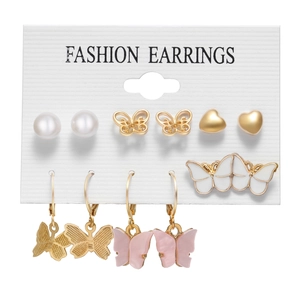 Detailed set of 6 earrings featuring golden butterflies, pearls, and pink acrylic hearts