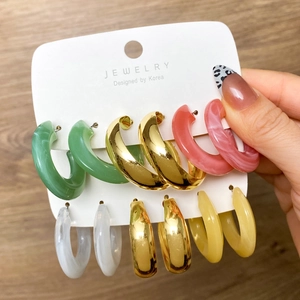 6-pair set of C-shaped resin and gold-tone acetate hoop earrings in marble textures