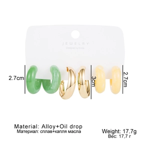 Three-pack acetate resin C-shaped hoop earring set in green, gold, and pale yellow finish