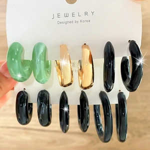 Retro Alloy Resin C-Shape Hoop Earrings For Women Marble Pattern Geometric Open Earring Lightweight Fashion Jewelry Gift Accessory