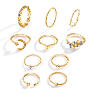9-piece gold bohemian ring set featuring moon star and faux pearl designs for women