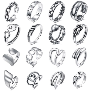 Bagues Ouvertes Réglables en Alliage Rétro Punk pour Hommes Femmes Couleur Argent Cœur Visage Souriant Mauvais Œil Bijoux Géométriques Cadeau