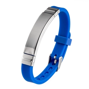 Men's blue silicone sports bracelet with engravable matte stainless steel metal plate