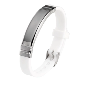 Men's fashion white silicone sports bracelet with a brushed silver metal plate