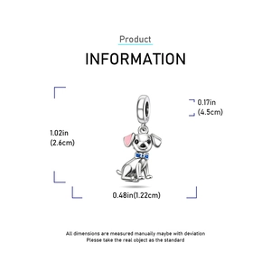 Size diagram of a silver dog charm with pink ears and blue bow showing 1.02 inch height